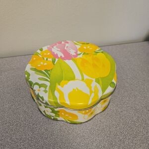 Avon 70s "Burst of Spring" Floral Yellow Pink Tulip Tin Box